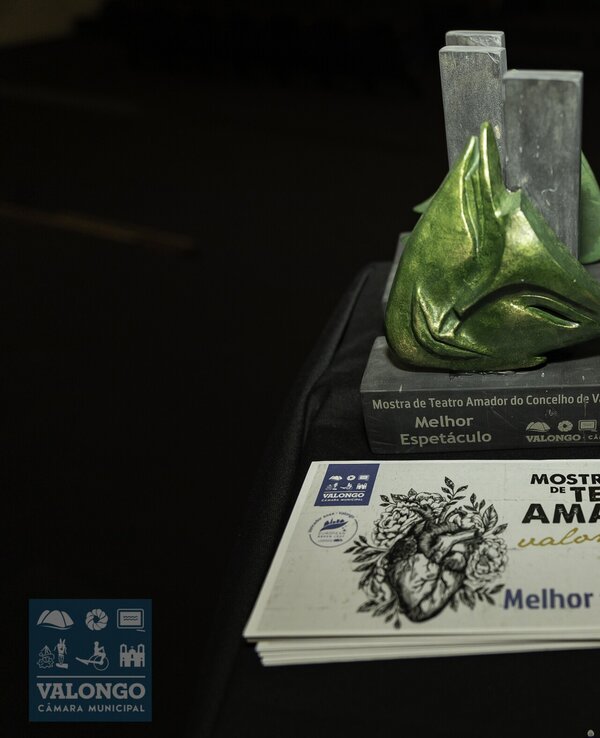 Estatuetas da Mostra de Teatro Amador de Valongo 2022 e folheto informativo.