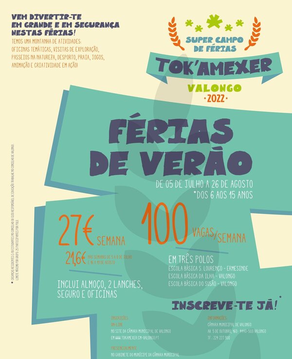 Cartaz sobre as férias de verão em Valongo, com informações e preços.