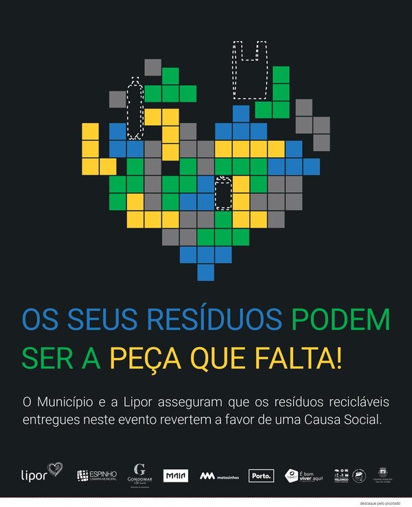 Cartaz informativo sobre reciclagem e apoio a causas sociais.