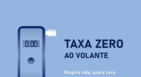 Imagem de um etilómetro com leitura 0.00 e mensagem sobre taxa zero ao volante.