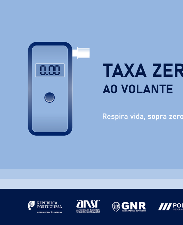 Imagem de um etilómetro com leitura 0.00 e mensagem sobre taxa zero ao volante.