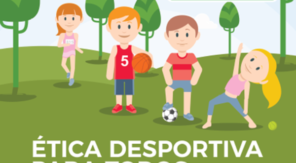 Quatro crianças a praticar desporto em um parque, com árvores ao fundo.