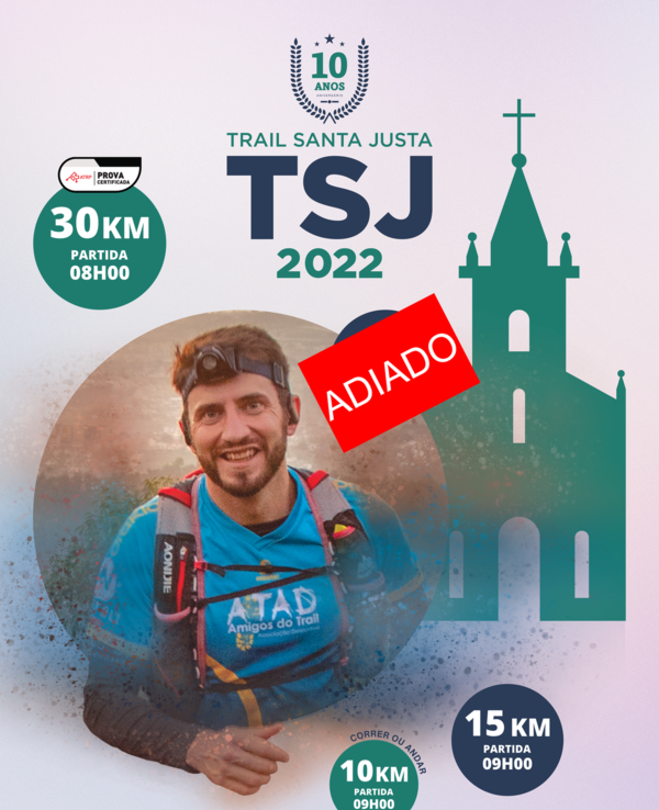 Cartaz do Trail Santa Justa 2022 com informações sobre a prova e um atleta.