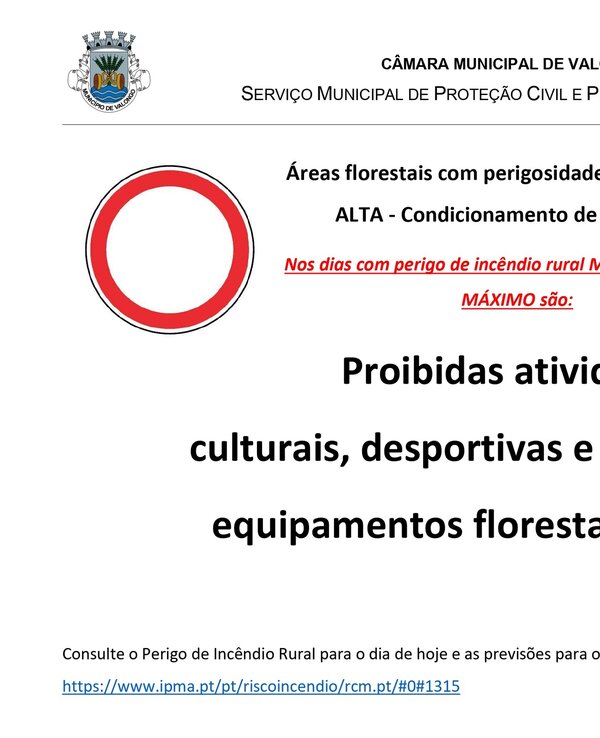 Aviso sobre proibição de atividades em áreas florestais devido a risco de incêndio.