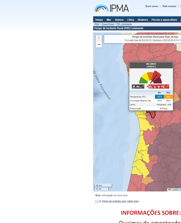 Página do IPMA com mapa de previsões meteorológicas e dados climáticos.
