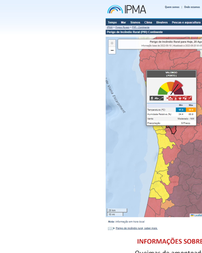 Página do IPMA com mapa de previsões meteorológicas e dados climáticos.