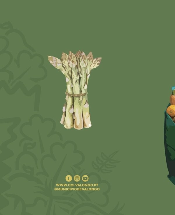 Imagem de espargos e uma bolsa verde cheia de legumes e frutas.