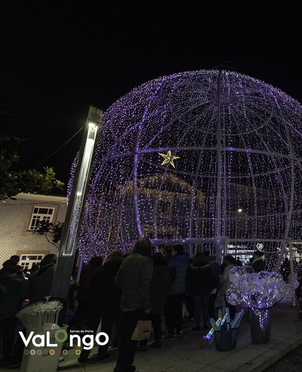Decoração natalina com luzes roxas e árvore iluminada na rua à noite.