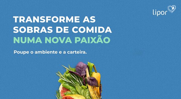 Imagem colorida com frutas e legumes formando uma figura criativa, promovendo a reutilização.