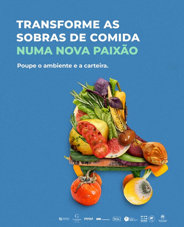 Imagem colorida com frutas e legumes formando uma figura criativa, promovendo a reutilização.