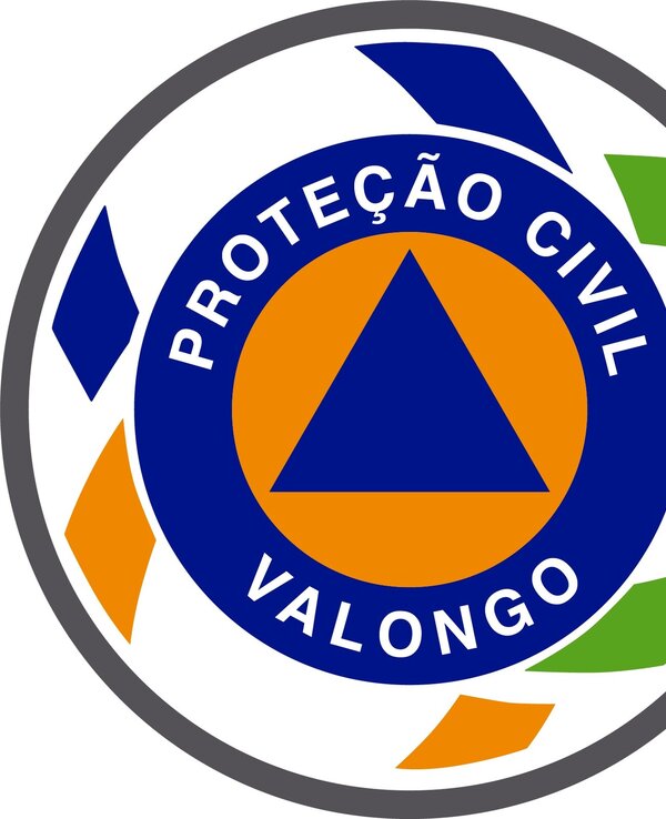 Logotipo da Proteção Civil de Valongo com triângulo azul e círculo laranja.