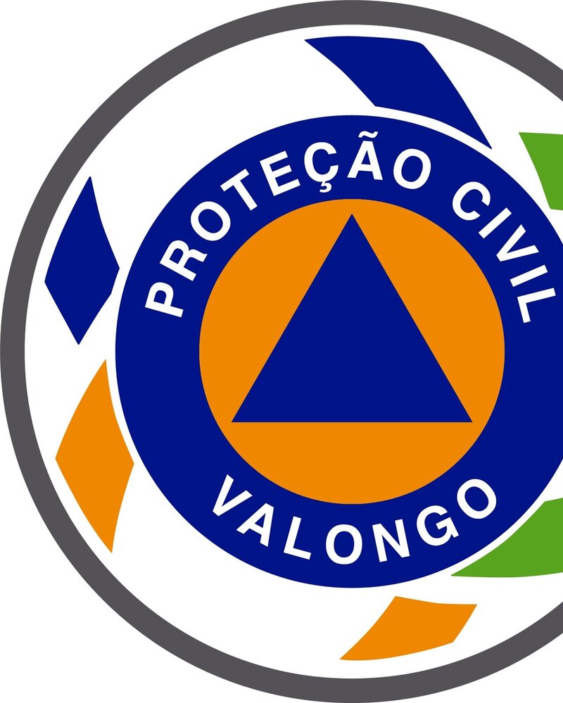 Logotipo da Proteção Civil de Valongo com triângulo azul e círculo laranja.