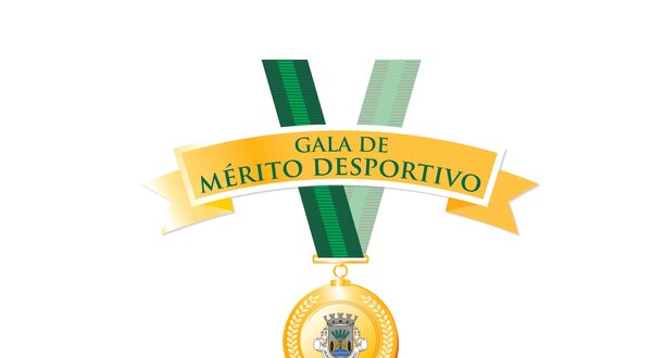 Logotipo da Gala de Mérito Desportivo com medalha dourada e fita verde.