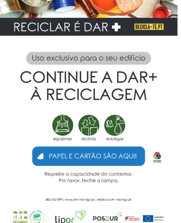 Cartaz informativo sobre reciclagem de papel e cartão.