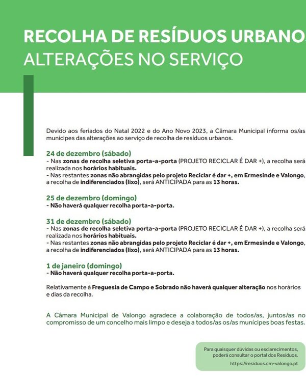 Informação sobre alterações na recolha de resíduos urbanos durante o Natal e Ano Novo.