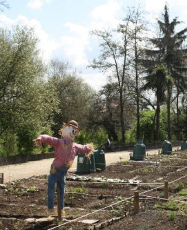 Um campo com um espantalho, árvores e pessoas a trabalhar na horta.