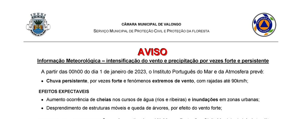 Aviso - Continuação de períodos de chuva, vento e agitação marítima forte | Informação recebida d...