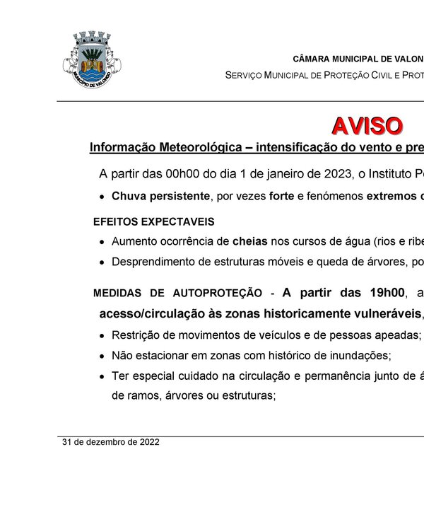 Aviso meteorológico sobre vento forte e chuvas persistentes em Valongo.
