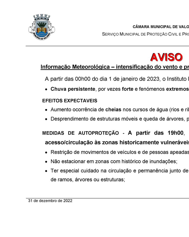 Aviso meteorológico sobre vento forte e chuvas persistentes em Valongo.
