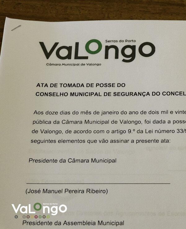 Documento oficial da Câmara Municipal de Valongo sobre a tomada de posse do conselho.