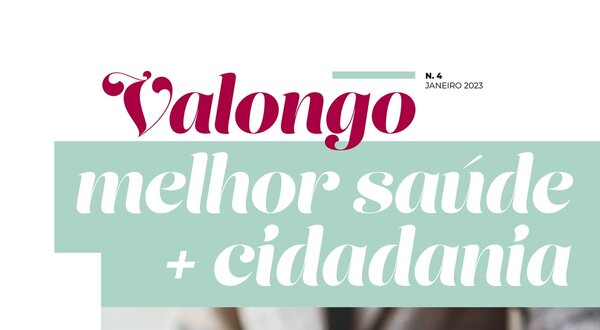Capa da revista Valongo com título sobre saúde e cidadania, e dominós em queda.