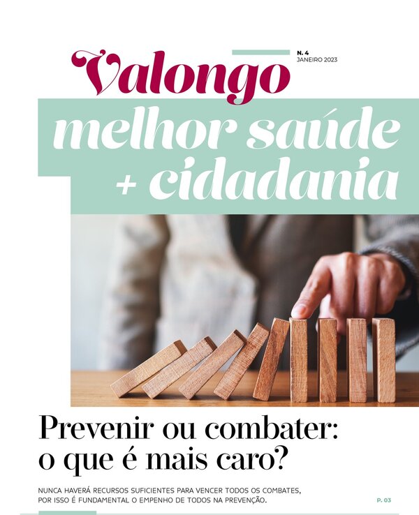 Capa da revista Valongo com título sobre saúde e cidadania, e dominós em queda.
