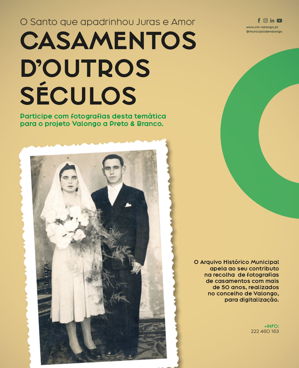 Fotografia antiga de um casal em traje de casamento, com texto sobre um projeto.