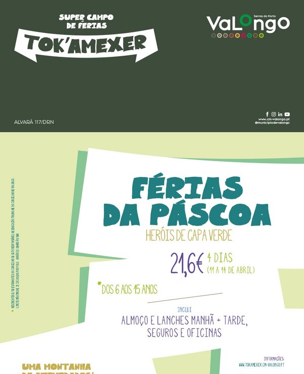 Cartaz sobre campo de férias da Páscoa, com atividades e preços.