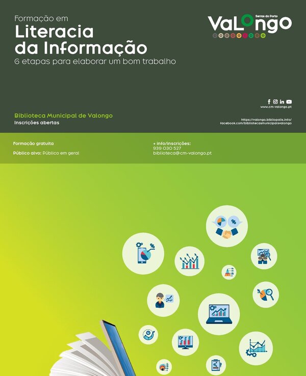 Imagem de um livro aberto ao lado de um computador portátil, com ícones de informação.