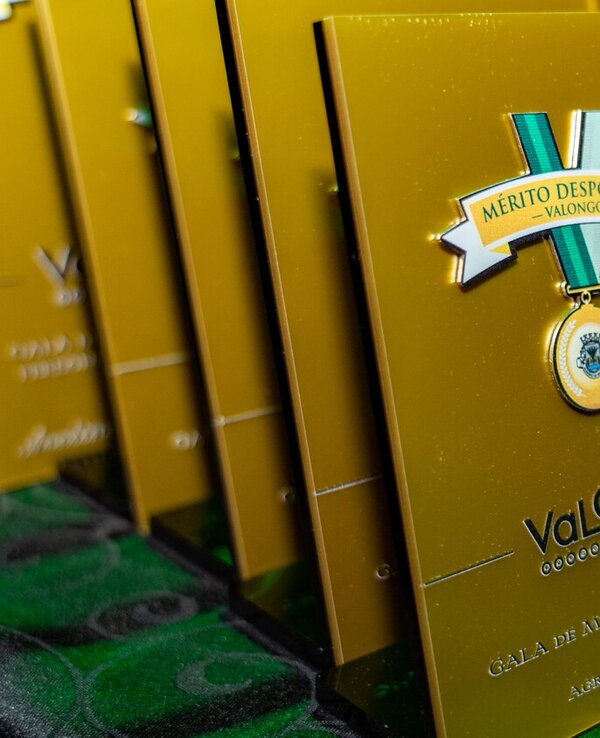 Vários prémios de mérito desportivo em fundo verde, com medalhas douradas.