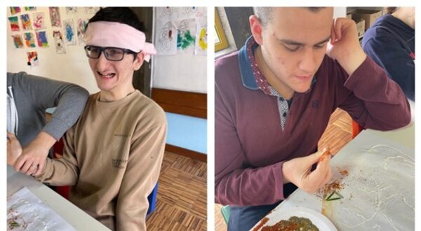 Atividades de grupo com crianças, incluindo artesanato e interação com animais.