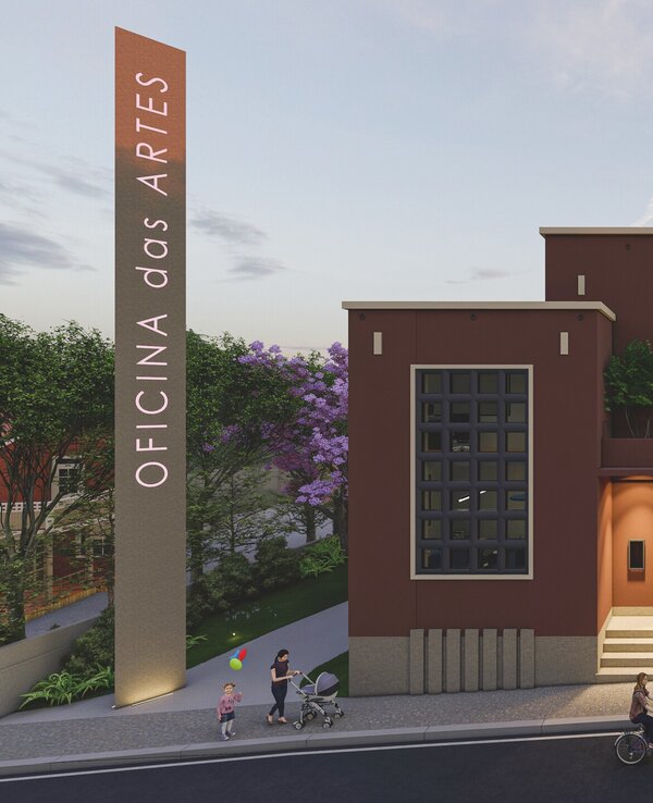 Fachada da Oficina das Artes, edifício moderno com janelas grandes e pessoas.