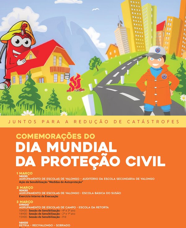 Cartaz colorido sobre o Dia Mundial da Proteção Civil com eventos programados.