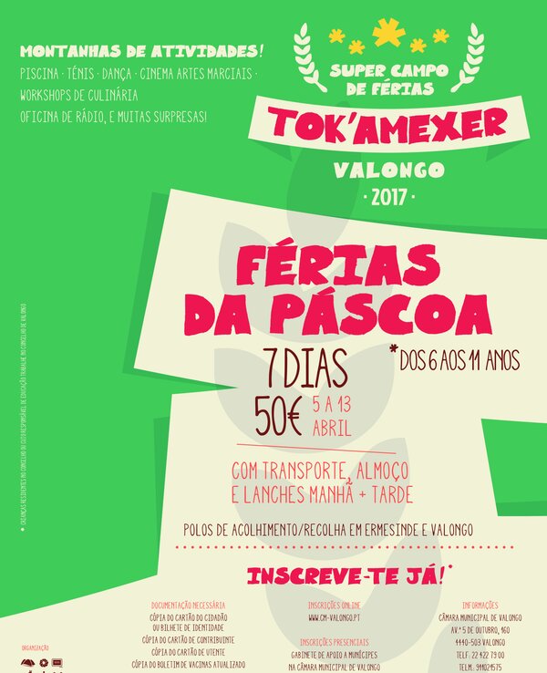 Cartaz colorido sobre as Férias da Páscoa em Valongo, com atividades e preços.