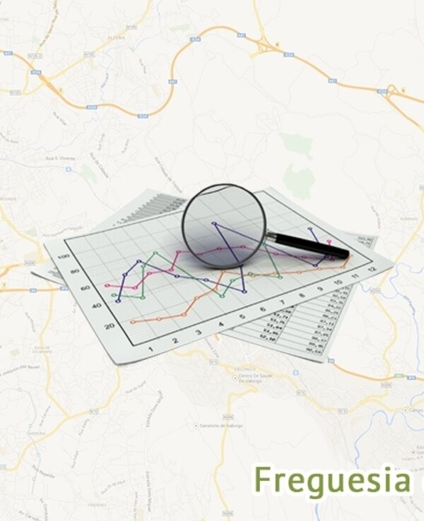 Gráficos de dados com uma lupa e um mapa ao fundo, com a palavra 'Freguesia'.