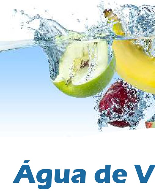Frutas frescas a saltar na água, com o texto 'Água de Valongo, Boa para Beber'.