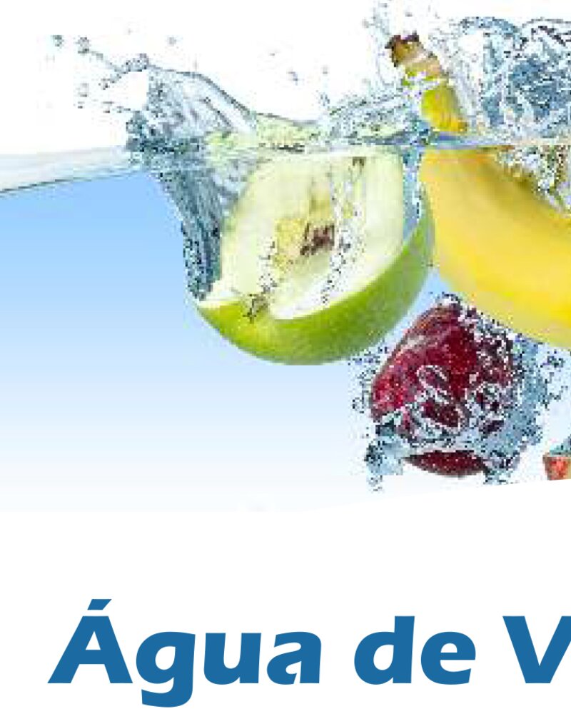 Frutas frescas a saltar na água, com o texto 'Água de Valongo, Boa para Beber'.