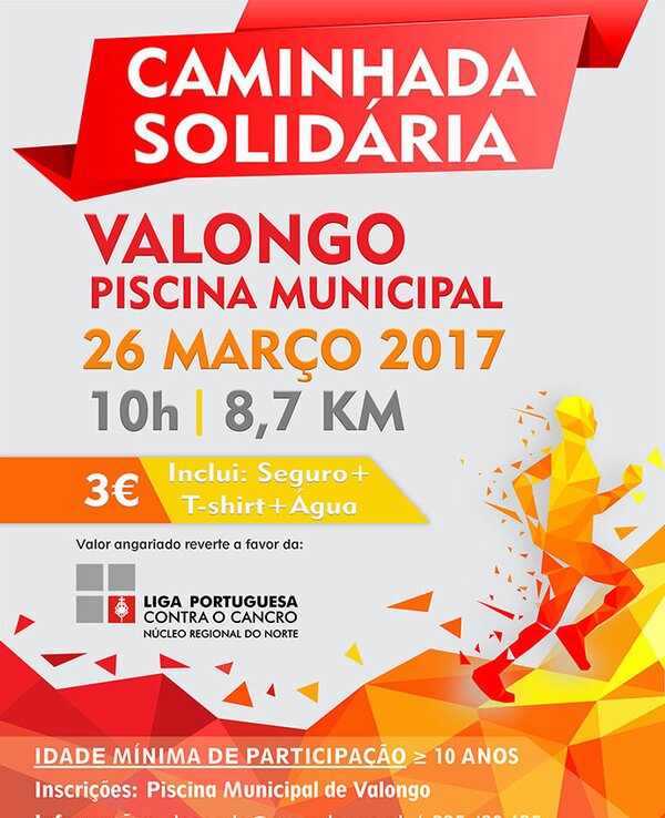 Cartaz da Caminhada Solidária em Valongo, com detalhes do evento.