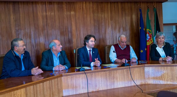 Cinco homens e uma mulher sentados à mesa em uma reunião, com bandeiras ao fundo.