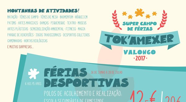 Cartaz informativo sobre campos de férias em Valongo, com atividades e preços.