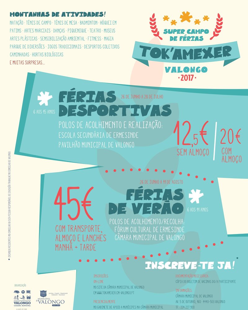 Cartaz informativo sobre campos de férias em Valongo, com atividades e preços.