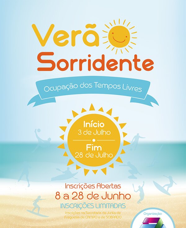 Cartaz do evento 'Verão Sorridente' com datas e informações de inscrição.
