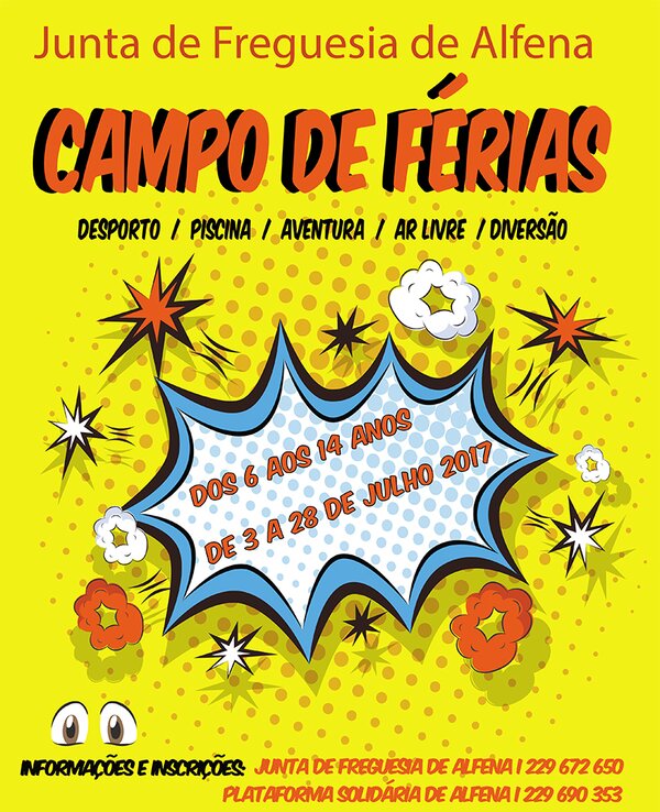Cartaz colorido do Campo de Férias da Junta de Freguesia de Alfena.