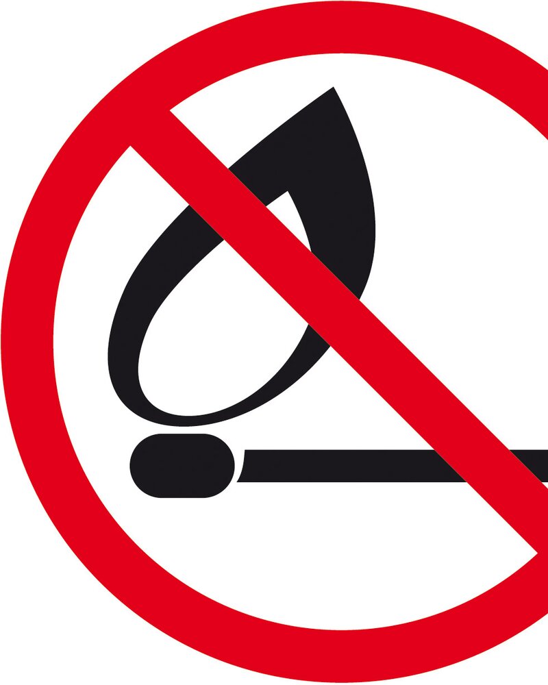 Símbolo de proibição de fósforos e fogo, com círculo vermelho e barra diagonal.