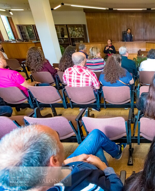 Público assistindo a uma apresentação em um auditório, com intérprete de língua gestual.