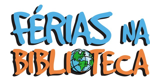 Texto colorido que diz 'Férias na Biblioteca' com um globo terrestre.