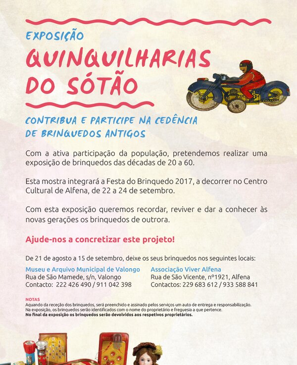 Cartaz da exposição 'Quinquilharias do Sótão' sobre brinquedos antigos.
