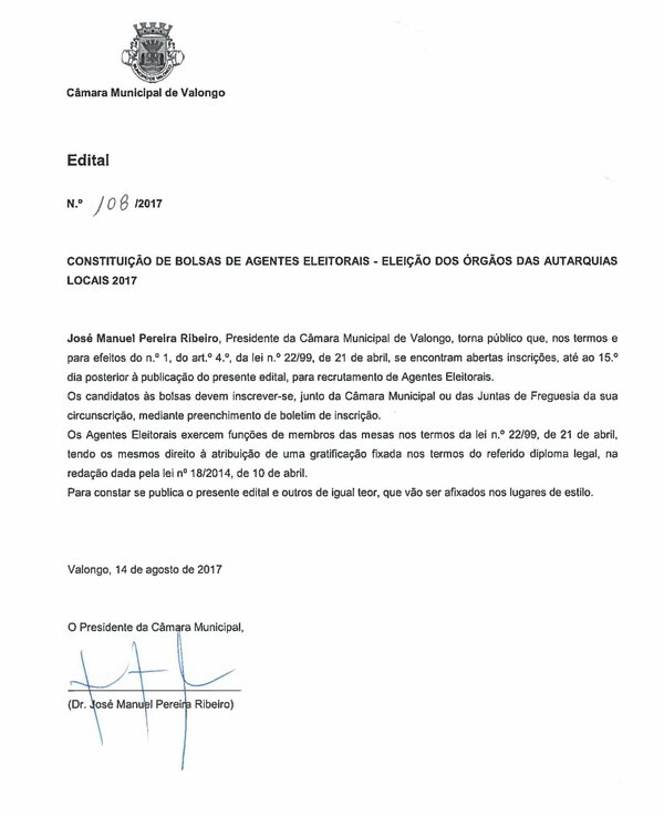 Edital da Câmara Municipal de Valongo sobre recrutamento de agentes eleitorais.