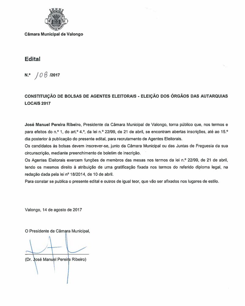 Edital da Câmara Municipal de Valongo sobre recrutamento de agentes eleitorais.