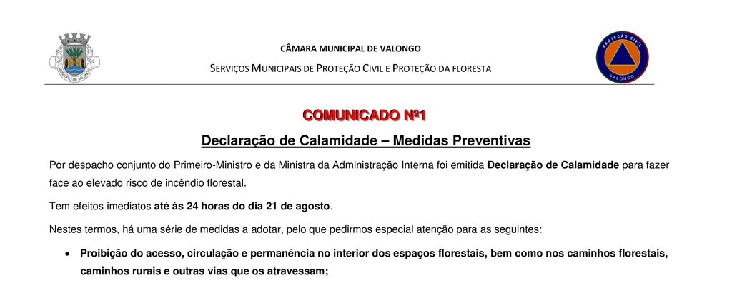 Declaração de Calamidade – Medidas Preventivas